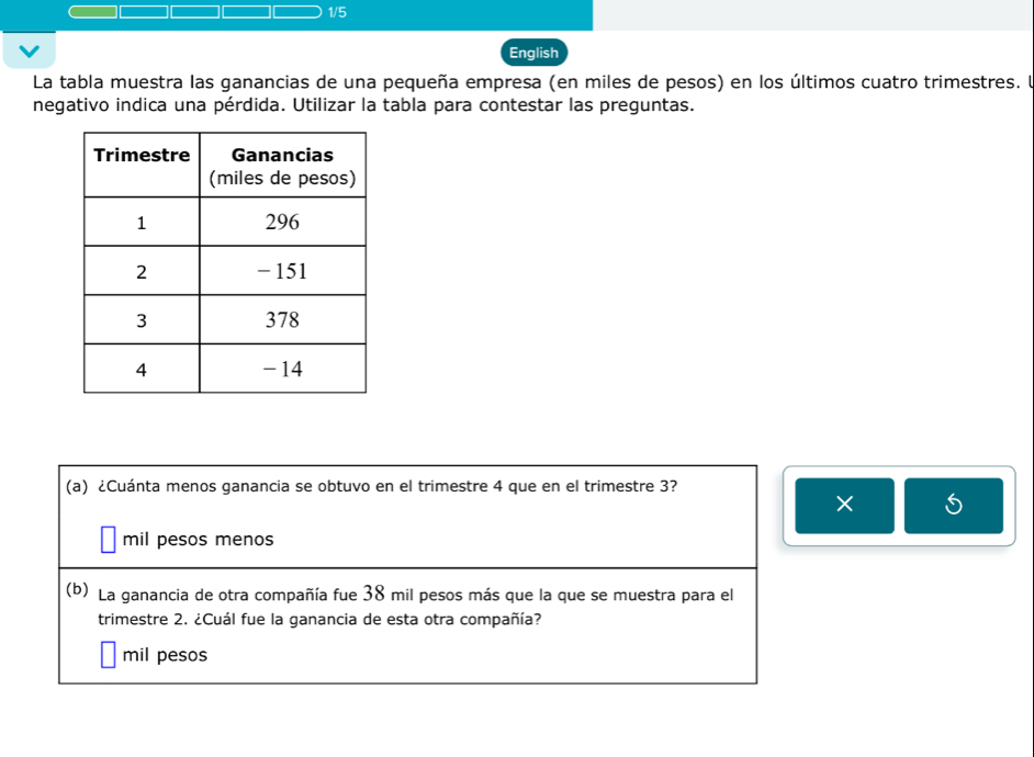 1/5
English
La tabla muestra las ganancias de una pequeña empresa (en miles de pesos) en los últimos cuatro trimestres. U
negativo indica una pérdida. Utilizar la tabla para contestar las preguntas.
(a) ¿Cuánta menos ganancia se obtuvo en el trimestre 4 que en el trimestre 3?
×
mil pesos menos
(b) La ganancia de otra compañía fue 38 mil pesos más que la que se muestra para el
trimestre 2. ¿Cuál fue la ganancia de esta otra compañía?
mil pesos