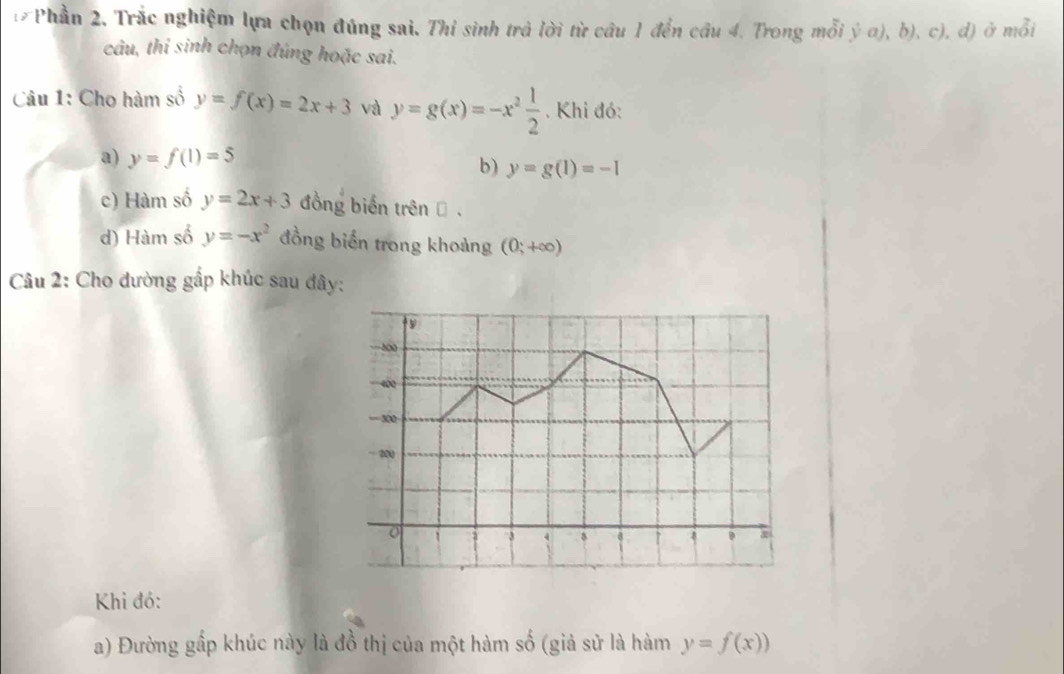 Phần 2. Trắc nghiệm lựa chọn đúng sai. Thỉ sinh trả lời từ câu 1 đền cầu 4. Trong mỗi (a),b) ( c), d) ở mỗi 
câu, thí sinh chọn đúng hoặc sai. 
Câu 1: Cho hàm số y=f(x)=2x+3 và y=g(x)=-x^2 1/2 . Khi đó: 
a) y=f(1)=5
b) y=g(1)=-1
c) Hàm số y=2x+3 đồng biến trên Đ . 
d) Hàm số y=-x^2 đồng biến trong khoảng (0;+∈fty )
Câu 2: Cho dường gấp khúc sau dây:
500
400
— 300
- 200
3
Khi đó: 
a) Đường gấp khúc này là đồ thị của một hàm số (giả sử là hàm y=f(x))