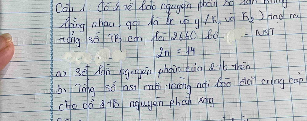 Cal : go a re ldongayen phan 30 jan mry 
Qng nhau gqì xú b uō y / k vè k_2) fao ra 
zóng sō 7B cgh á 2660 60 NST
2n=14
a) Sot Rgn nguyēn phan quo 27b then 
bì Tōng só nsì mài huāng nài Zhō dà cung càp 
choeá + ngugen phan xōng