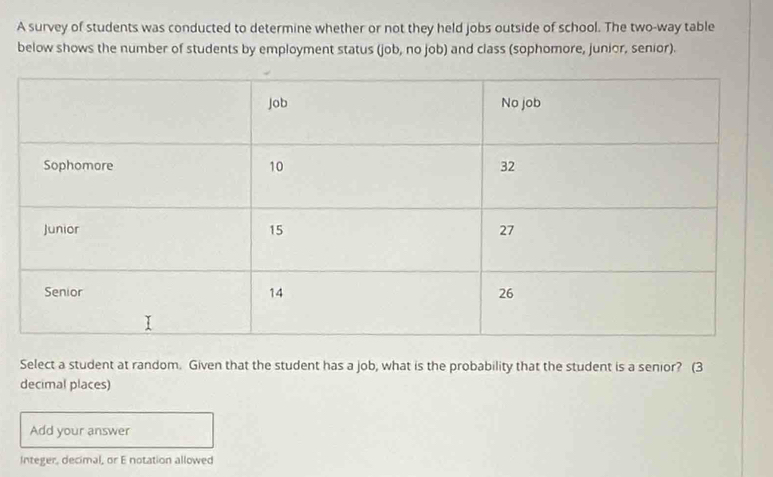 A survey of students was conducted to determine whether or not they held jobs outside of school. The two-way table 
below shows the number of students by employment status (job, no job) and class (sophomore, junior, senior). 
Select a student at random. Given that the student has a job, what is the probability that the student is a senior? (3
decimal places) 
Add your answer 
Integer, decimal, or E notation allowed