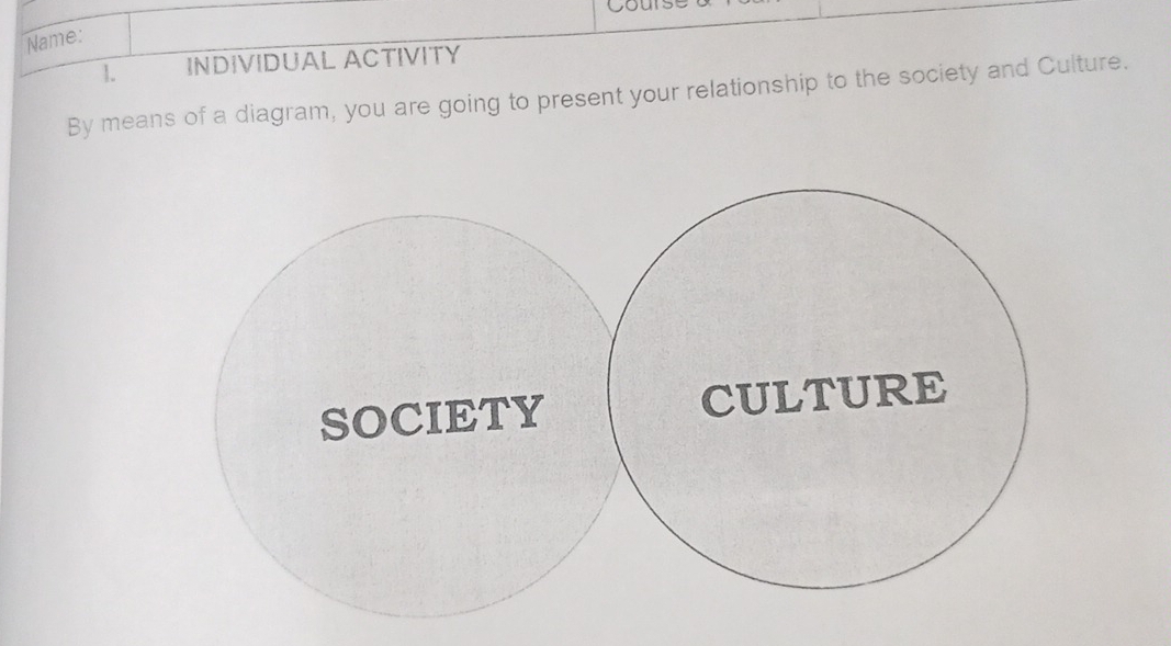 Name: 
1. INDIVIDUAL ACTIVITY 
By means of a diagram, you are going to present your relationship to the society and Culture.