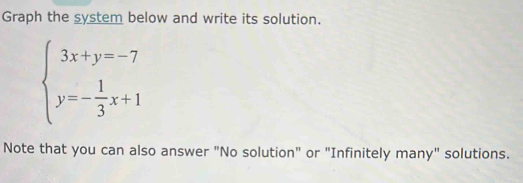 Graph the system below and write its solution.
beginarrayl 3x+y=-7 y=- 1/3 x+1endarray.
Note that you can also answer "No solution" or "Infinitely many" solutions.