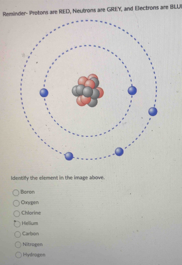 Reminder- Protons are RED, Neutrons are GREY, and Electrons are BLU
Identify the element in the image above.
Boron
Oxygen
Chlorine
Helium
Carbon
Nitrogen
Hydrogen