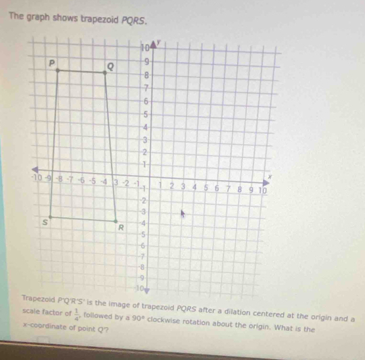 The graph shows trapezoid PQRS. 
scale factor of  1/4  , followed by a 90° clockwise rotation about the origin. What is the 
x-coordinate of point Q?