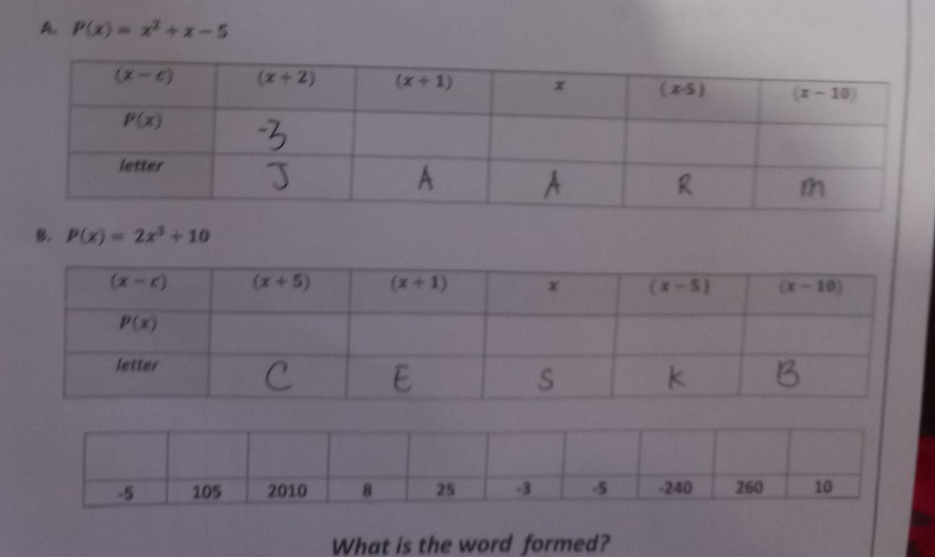 A, P(x)=x^2+x-5
B. P(x)=2x^3+10
What is the word formed?