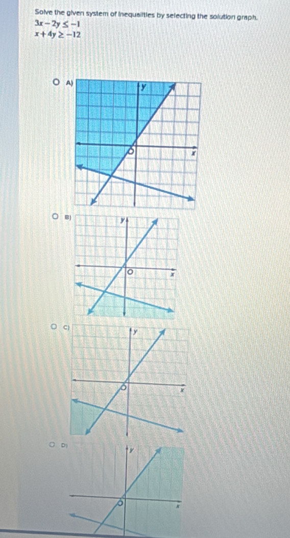 Solve the given system of inequalities by selecting the solution graph.
3x-2y≤ -1
x+4y≥ -12
B