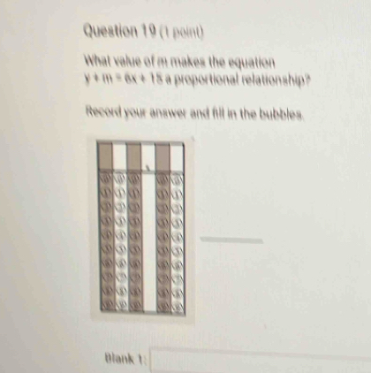 What value of m makes the equation
y+m=6x+18 a proportional relationship?
Record your answer and fill in the bubbles.
_
Blank 1:□