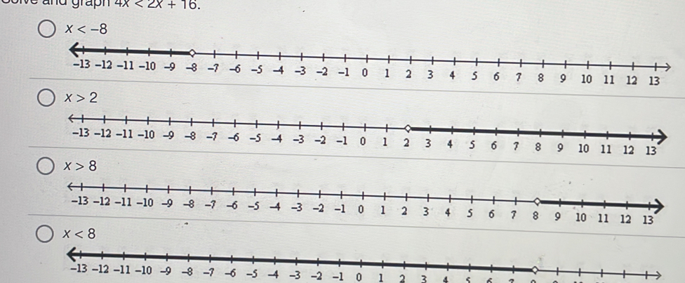 é and graph 4x<2x+16.
x
x>2
-13 -12 -11 -10 -9 -8 -1 -6 -5 -4 -3 -2 -1 0 1 2 3 4 5 6 7 8 9 10 11 12 13
x>8
x<8</tex>
-13 -12 -11 -10 -9 -8 -7 -6 -5 -4 -3 -2 -1 0 1 2 3 4 6 7 ^