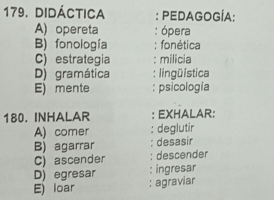 didáctica : PEDAGOGÍA:
A)opereta : ópera
B) fonología : fonética
C) estrategia : milicia
D) gramática : lingüística
E) mente : psicología
180. INHALAR : EXHALAR:
A) comer : deglutir
B) agarrar : desasir
C) ascender : descender
D) egresar : ingresar
E) loar : agraviar