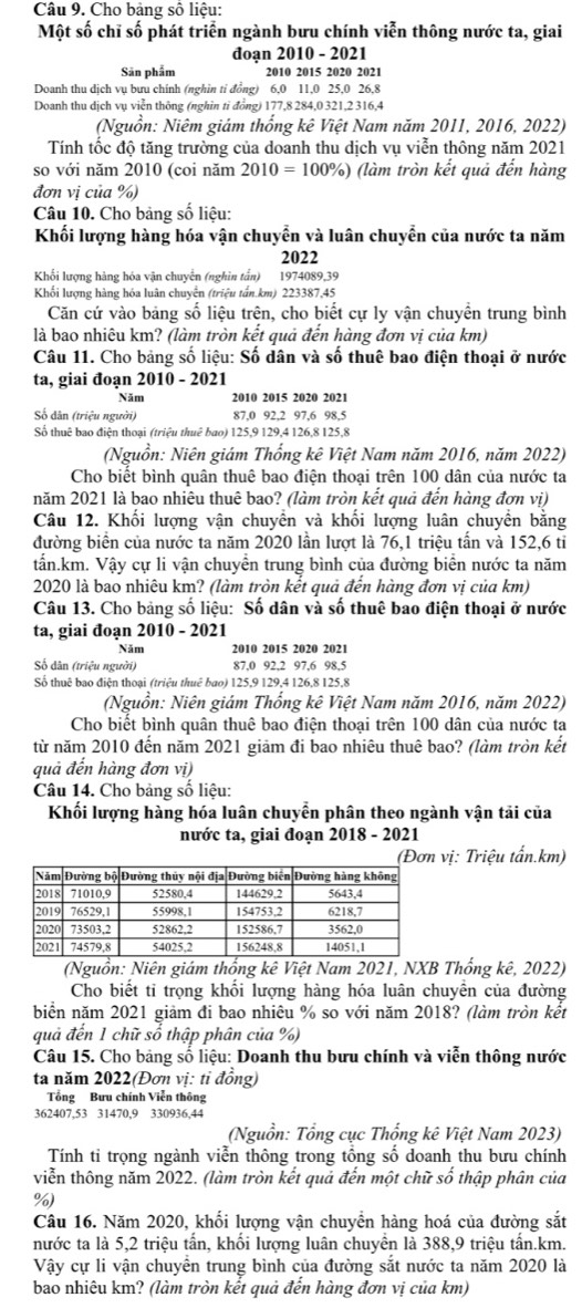 Cho bảng số liệu:
Một số chỉ số phát triển ngành bưu chính viễn thông nước ta, giai
đoạn 2010 - 2021
Sān phẩm 2010 2015 2020 2021
Doanh thu dịch vụ bưu chính (nghìn ti đồng) 6,0 11,0 25,0 26,8
Doanh thu dịch vụ viễn thông (nghìn tỉ đồng) 177,8 284,0 321,2 316,4
(Nguồn: Niêm giám thống kê Việt Nam năm 2011, 2016, 2022)
Tính tốc độ tăng trường của doanh thu dịch vụ viễn thông năm 2021
so với năm 2010 (coi năm 2010=100% ) (làm tròn kết quả đến hàng
đơn vị của %)
Câu 10. Cho bảng số liệu:
Khối lượng hàng hóa vận chuyễn và luân chuyển của nước ta năm
2022
Khối lượng hàng hóa vận chuyển (nghìn tấn) 1974089,39
Khối lượng hàng hóa luân chuyển (triệu tấn.km) 223387,45
Căn cứ vào bảng số liệu trên, cho biết cự ly vận chuyền trung bình
là bao nhiêu km? (làm tròn kết quả đến hàng đơn vị của km)
Câu 11. Cho bảng số liệu: Số dân và số thuê bao điện thoại ở nước
ta, giai đoạn 2010 - 2021
Năm 2010 2015 2020 2021
Số dân (triệu người) 87,0 92,2 97,6 98,5
Số thuê bao điện thoại (triệu thuê bao) 125,9 129,4 126,8 125,8
(Nguồn: Niên giám Thống kê Việt Nam năm 2016, năm 2022)
Cho biết bình quân thuê bao điện thoại trên 100 dân của nước ta
năm 2021 là bao nhiêu thuê bao? (làm tròn kết quả đến hàng đơn vị)
Câu 12. Khối lượng vận chuyển và khối lượng luân chuyền bằng
đường biển của nước ta năm 2020 lần lượt là 76,1 triệu tấn và 152,6 ti
tấn.km. Vậy cự li vận chuyền trung bình của đường biển nước ta năm
2020 là bao nhiêu km? (làm tròn kết quả đến hàng đơn vị của km)
Câu 13. Cho bảng số liệu: Số dân và số thuê bao điện thoại ở nước
ta, giai đoạn 2010 - 2021
Năm 2010 2015 2020 2021
Số dân (triệu người) 87,0 92,2 97,6 98,5
Số thuê bao điện thoại (triệu thuê bao) 125,9 129,4 126,8 125,8
(Nguồn: Niên giám Thổng kê Việt Nam năm 2016, năm 2022)
Cho biệt bình quân thuê bao điện thoại trên 100 dân của nước ta
từ năm 2010 đến năm 2021 giảm đi bao nhiêu thuê bao? (làm tròn kết
quả đến hàng đơn vị)
Câu 14. Cho bảng số liệu:
Khối lượng hàng hóa luân chuyển phân theo ngành vận tải của
nước ta, giai đoạn 2018 - 2021
vị: Triệu tấn.km)
(Nguồn: Niên giám thống kê Việt Nam 2021, NXB Thống kê, 2022)
Cho biết tỉ trọng khối lượng hàng hóa luân chuyên của đường
biển năm 2021 giảm đi bao nhiêu % so với năm 2018? (làm tròn kết
quả đến 1 chữ số thập phân của %)
Câu 15. Cho bảng số liệu: Doanh thu bưu chính và viễn thông nước
ta năm 2022(Đơn vị: tỉ đồng)
Tổng Bưu chính Viễn thông
362407,53 31470,9 330936,44
(Nguồn: Tổng cục Thổng kê Việt Nam 2023)
Tính ti trọng ngành viễn thông trong tổng số doanh thu bưu chính
viễn thông năm 2022. (làm tròn kết quả đến một chữ số thập phân của
%)
Câu 16. Năm 2020, khối lượng vận chuyền hàng hoá của đường sắt
nước ta là 5,2 triệu tần, khối lượng luân chuyển là 388,9 triệu tần.km.
Vậy cự li vận chuyển trung bình của đường sắt nước ta năm 2020 là
bao nhiêu km? (làm tròn kết quả đến hàng đơn vị của km)