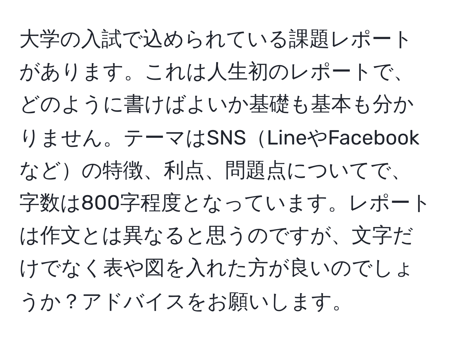 大学の入試で込められている課題レポートがあります。これは人生初のレポートで、どのように書けばよいか基礎も基本も分かりません。テーマはSNSLineやFacebookなどの特徴、利点、問題点についてで、字数は800字程度となっています。レポートは作文とは異なると思うのですが、文字だけでなく表や図を入れた方が良いのでしょうか？アドバイスをお願いします。