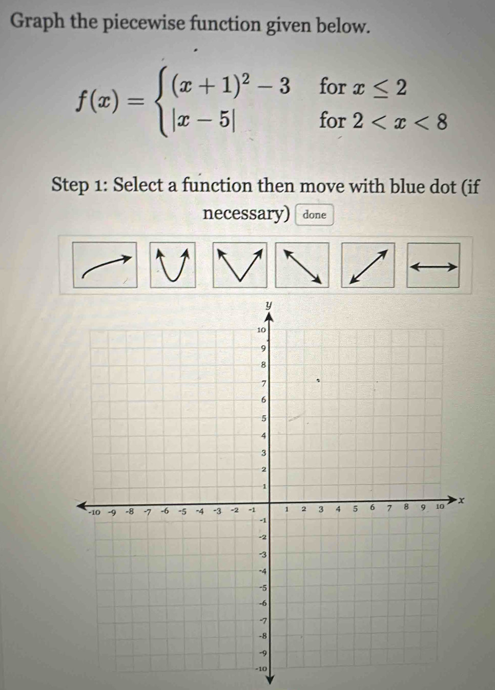 Graph the piecewise function given below.
f(x)=beginarrayl (x+1)^2-3forx≤ 2 |x-5|for2
Step 1: Select a function then move with blue dot (if 
necessary) done