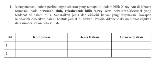 Mengenalpasti bahan perlindungan sinaran yang terdapat di dalam bilik X -ray Am di jabatan 
termasuk pada perumah tiub, rekabentuk bilik x -ray serta peralatan/aksesori yang 
terdapat di dalam bilik. Senaraikan jenis dan ciri-ciri bahan yang digunakan. Jawapan 
hendaklah diberikan dalam bentuk jadual di bawah. Pelatih dikehendaki membuat rujukan 
dari sumber selain nota kuliah.