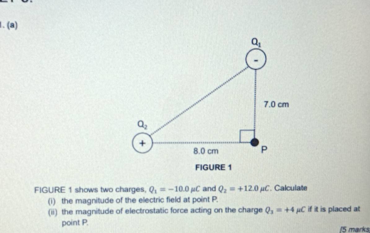 FIGURE 1 shows two charges, Q_1=-10.0mu C and Q_2=+12.0mu C. Calculate
(i) the magnitude of the electric field at point P.
(ii) the magnitude of electrostatic force acting on the charge Q_3=+4 μC if it is placed at
point P.
[5 marks