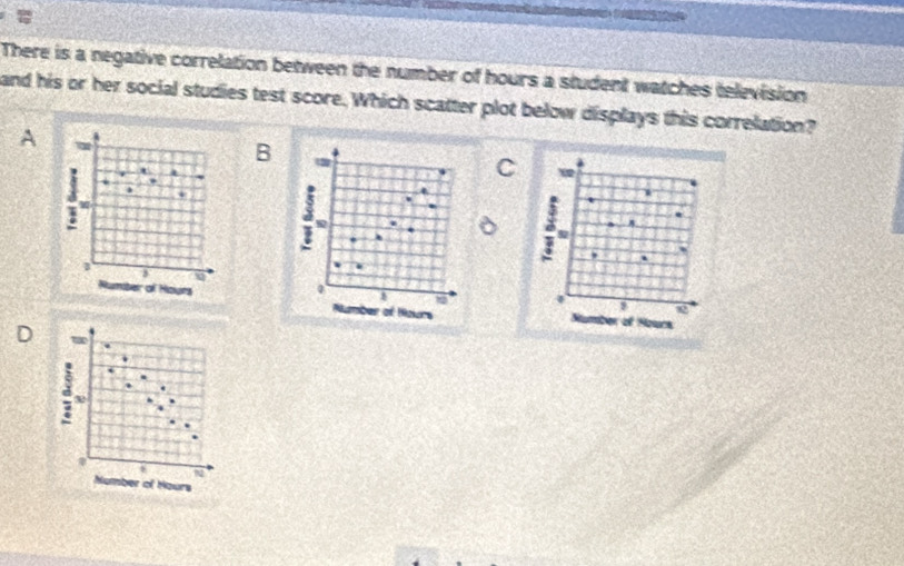 There is a negative correlation between the number of hours a student watches television 
and his or her social studies test score. Which scatter plot below displays this correlation? 
A 
B 
C 
. 
w 
w
1 3
Number of Houns 0 Number of Nours Number of Hourk
e 
d 3
N 
Number of Hours