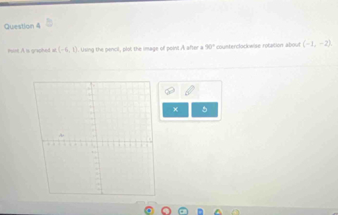 Point A is graphed at (-6,1). Usling the pencil, plot the image of point A after a 90° counterclockwise rotation about (-1,-2). 
× 5