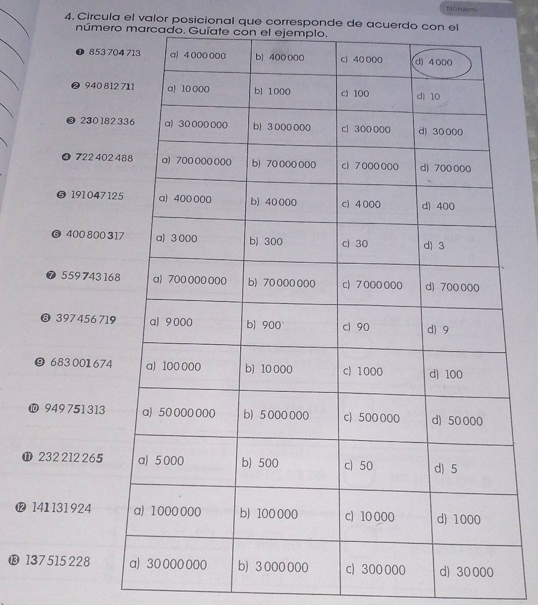 Número 
4. Circula el valor posicional que corresponde de acuerdo con el 
número marcado. 
❶ 
❷ 
❸ 2
072
❺ 191 
❻ 400
❼ 5597
❽ 3974
❾ 68300
❿ 949 751
① 232 2122
⓬ 141 13192
⓭ 137 51522