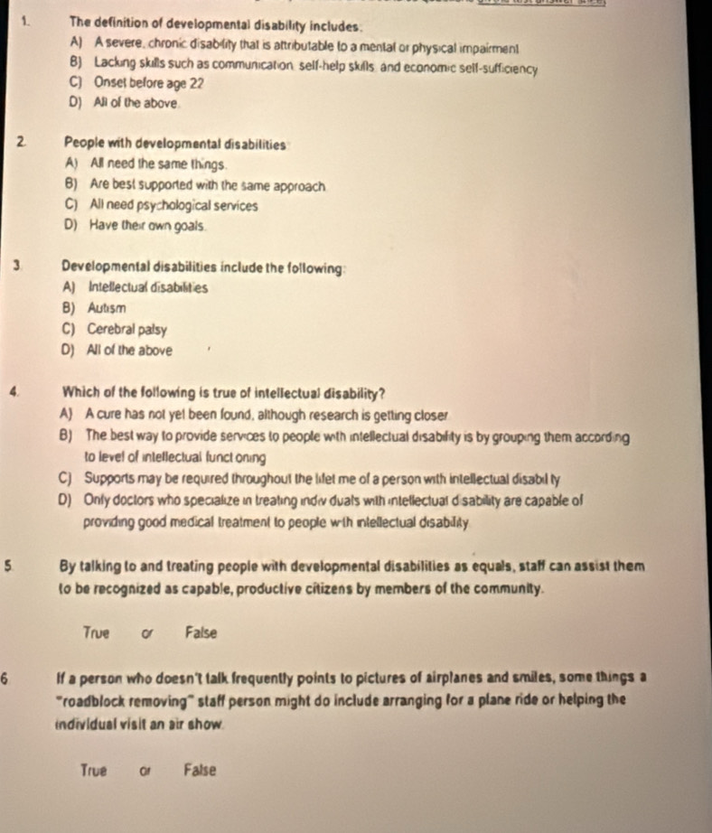 Solved: The definition of developmental disability includes. A) A ...