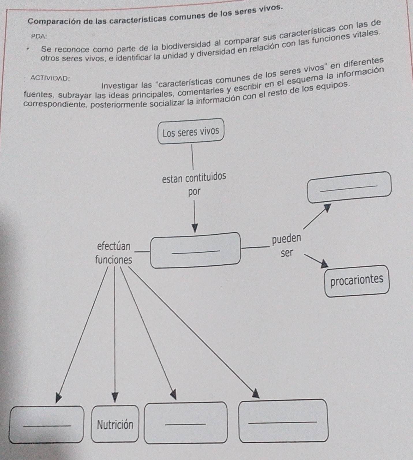 Comparación de las características comunes de los seres vivos. 
PDA; 
Se reconoce como parte de la biodiversidad al comparar sus características con las de 
otros seres vivos, e identificar la unidad y diversidad en relación con las funciones vitales. 
Investigar las “características comunes de los seres vivos” en diferentes 
ACTIVIDAD: 
fuentes, subrayar las ideas principales, comentarles y escribir en el esquema la información 
correspondiente, posteriormente socializar la información con el resto de los equipos. 
_Nutrición_ 
_