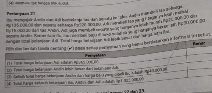 (4) Memiliki tak hingga titik sudut. 
Pertanyaan 21
lbu mengajak Andin dan Adi berbelanja tas dan sepatu ke toko. Andin membeli tas seharga
Rp135.000,00 dan sepatu seharga Rp220.000,00. Adi membeli tas yang harganya lebíh mahal
Rp15.000,00 dari tas Andin. Adí juga membeli sepatu yang harganya lebih murah Rp25.000,00 dari 
tu, ibu membeli baju di toko sebelah yang harganya berselisih Rp30.000,00
arga baju ibu. 
ersebut