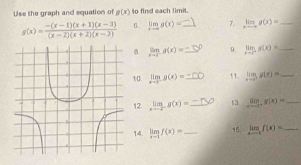 Use the graph and equation of g(x) to find each limit.
g(x)= (-(x-1)(x+1)(x-3))/(x-2)(x+2)(x-3)  6. limlimits _xto ∈fty g(x)= 7. limlimits _xto -∈fty g(x)= _ 
8. limlimits _xto 2^-g(x)= _ 9. limlimits _xto 2^+g(x)= _ 
10. limlimits _xto 3^-g(x)= _11. limlimits _xto 1g(x)= _ 
12 limlimits _xto -2^-g(x)= _ 13 limlimits _xto -1g(x)= _ 
14. limlimits _xto 1f(x)= _15. limlimits _xto 1f(x)= _