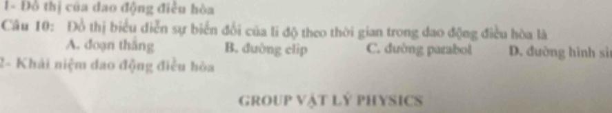 1- Đỗ thị của đao động điều hòa
Câu 10: Đồ thị biểu diễn sự biến đổi của li độ theo thời gian trong dao động điều hòa là
A. doạn tháng B. đuờng clip C. đường parabol D. đường hình sì
2- Khải niệm dao động điều hòa
GROUP VậT Lý PHYSICS