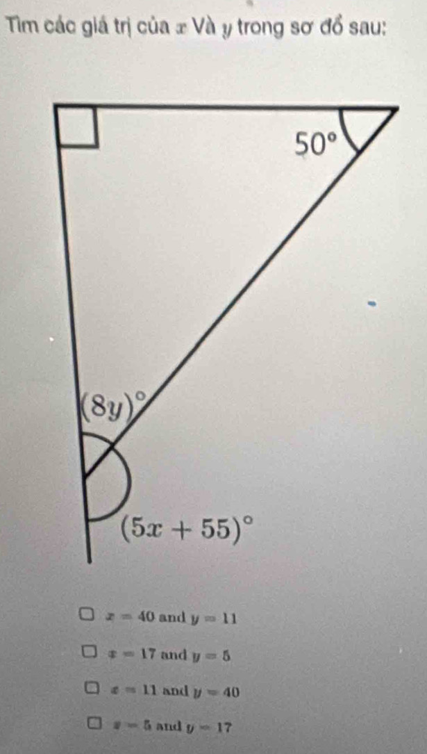 Tim các giá trị của ± Và y trong sơ đổ sau:
x=40 and y=11
x=17 and y=5
x=11 and y=40
z=5 and y=17