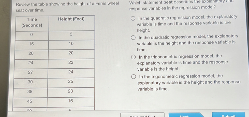 Solved: Review the table showing the height of a Ferris wheel Which ...