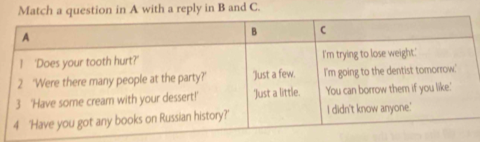 Match a question in A with a reply in B and C.