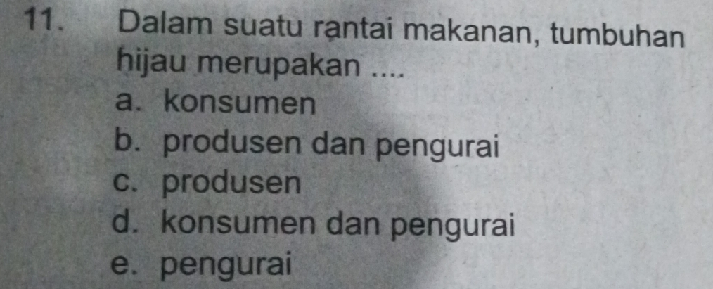 Dalam suatu rantai makanan, tumbuhan
hijau merupakan ....
a. konsumen
b. produsen dan pengurai
c. produsen
d. konsumen dan pengurai
e. pengurai