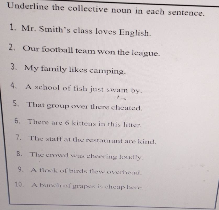 Underline the collective noun in each sentence. 
1. Mr. Smith’s class loves English. 
2. Our football team won the league. 
3. My family likes camping. 
4. A school of fish just swam by. 
5. That group over there cheated. 
6. There are 6 kittens in this litter. 
7. The staff at the restaurant are kind. 
8. The crowd was cheering loudly. 
9. A flock of birds flew overhead. 
10. A bunch of grapes is cheap here.