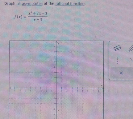 Graph all asymptotes of the rational function.
f(x)= (x^2+7x-3)/x+3 
×