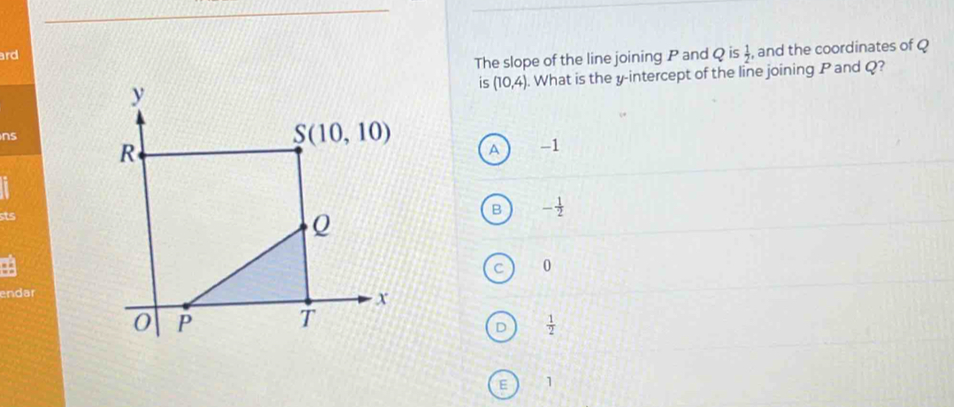 ard
The slope of the line joining P and Q is  1/2  , and the coordinates of Q
. What is the y-intercept of the line joining P and Q?
is (10,4)
ns
A -1
sts
B - 1/2 
C 0
endar
 1/2 
F 1