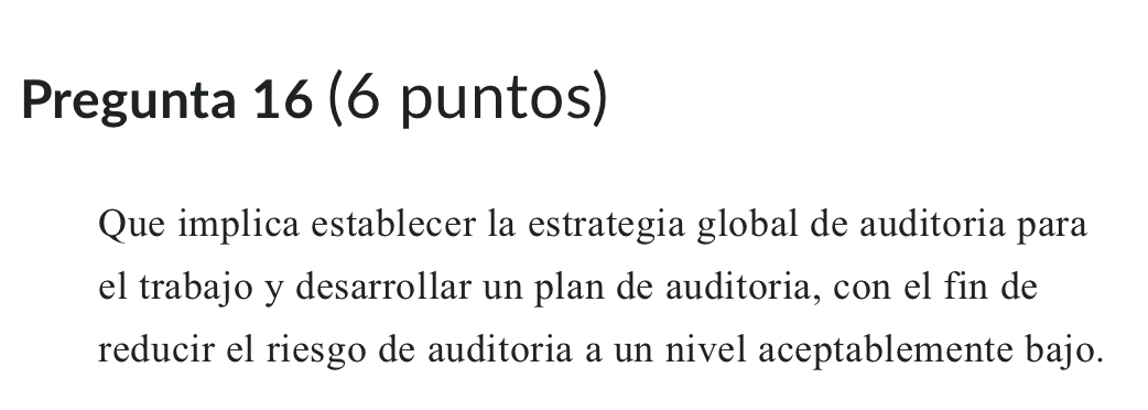 Pregunta 16 (6 puntos) 
Que implica establecer la estrategia global de auditoria para 
el trabajo y desarrollar un plan de auditoria, con el fin de 
reducir el riesgo de auditoria a un nivel aceptablemente bajo.