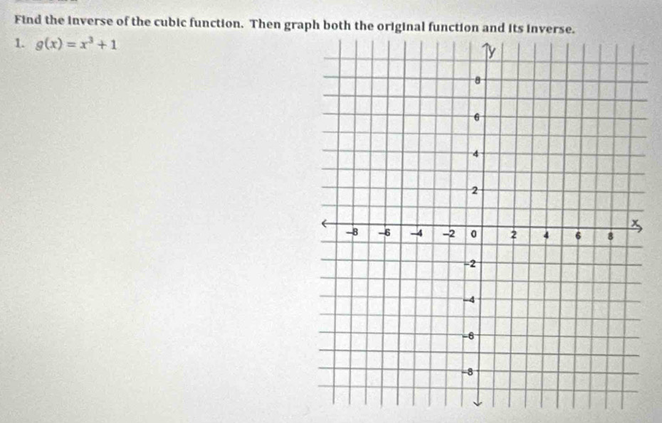 Find the inverse of the cubic function. Then graph both the original function and its inverse. 
1. g(x)=x^3+1