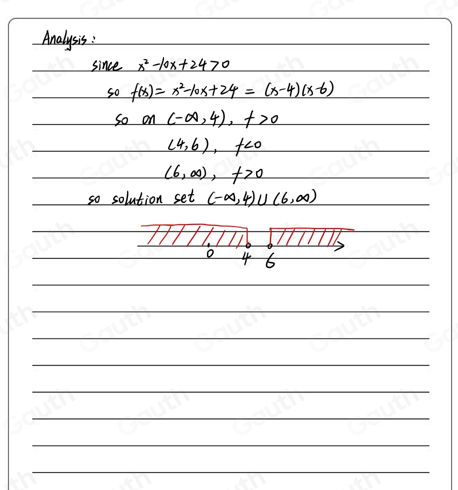 Analysis : 
since x^2-10x+24>0
so f(x)=x^2-10x+24=(x-4)(x-6)
so on (-∈fty ,4), t>0
(4,6), f<0</tex>
(6,∈fty ), t>0
so solution set (-∈fty ,4)∪ (6,∈fty )