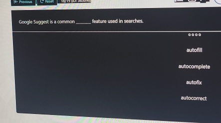 ← Previous
Google Suggest is a common _feature used in searches.
....
autofill
autocomplete
autofix
autocorrect