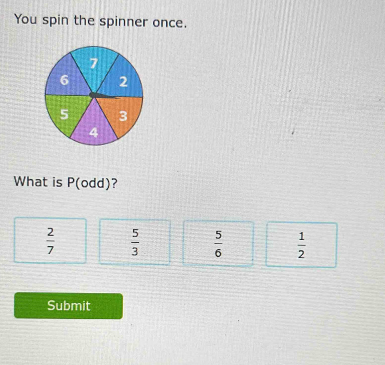 You spin the spinner once.
What is P (odd)?
 2/7 
 5/3 
 5/6 
 1/2 
Submit