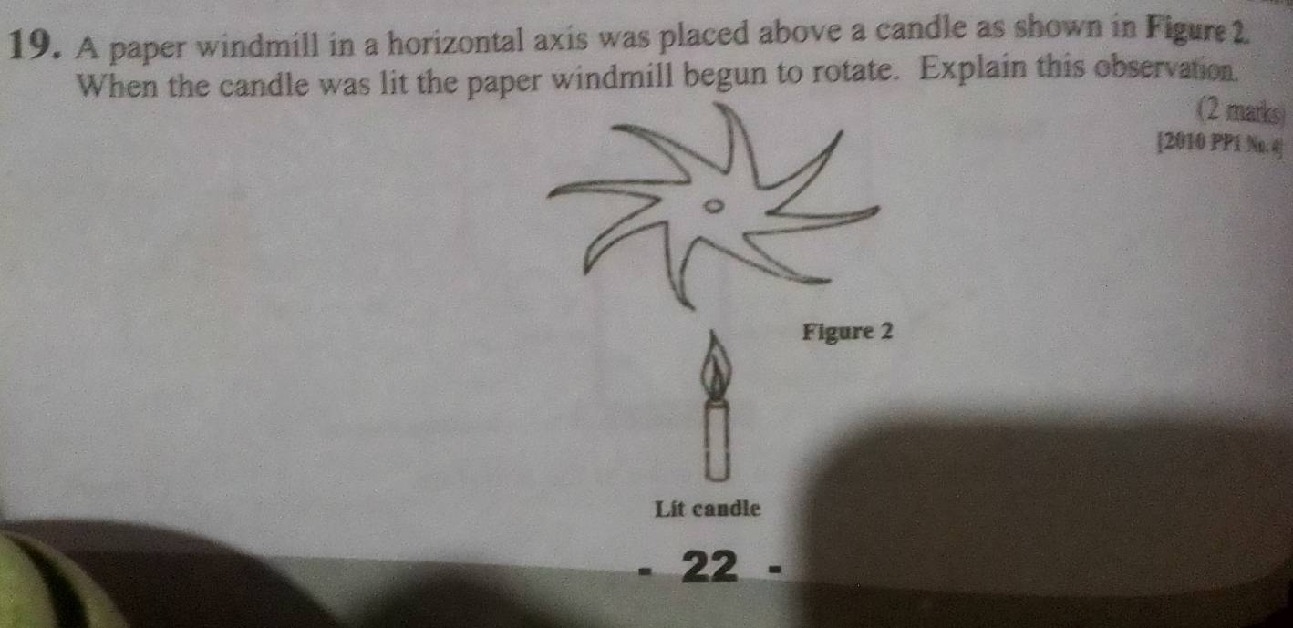 A paper windmill in a horizontal axis was placed above a candle as shown in Figure 2 
When the candle was lit the paper windmill begun to rotate. Explain this observation. 
(2 marks 
[2010 PP1 No. 4] 
Figure 2 
Lit candle 
22 -