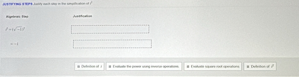 JUSTIFYING STEPS Justify each step in the simplification of r^2
Algebraic Step Justification
r^2=(sqrt(-1))^2
=-1
:: Definition of :: Evaluate the power using inverse operations :: Evaluate square root operations : Definition of t^2