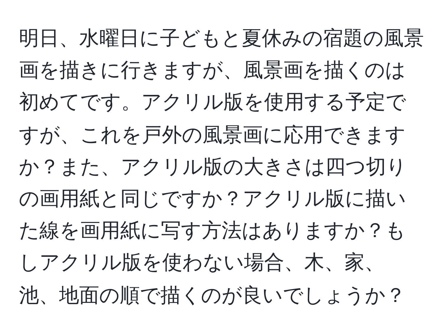 明日、水曜日に子どもと夏休みの宿題の風景画を描きに行きますが、風景画を描くのは初めてです。アクリル版を使用する予定ですが、これを戸外の風景画に応用できますか？また、アクリル版の大きさは四つ切りの画用紙と同じですか？アクリル版に描いた線を画用紙に写す方法はありますか？もしアクリル版を使わない場合、木、家、池、地面の順で描くのが良いでしょうか？