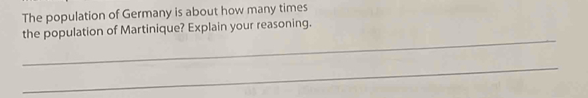 The population of Germany is about how many times 
_ 
the population of Martinique? Explain your reasoning. 
_