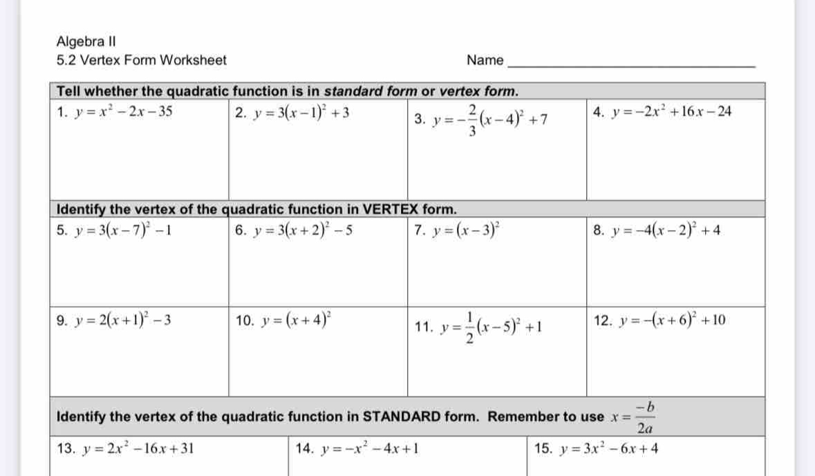 Algebra II
5.2 Vertex Form Worksheet Name