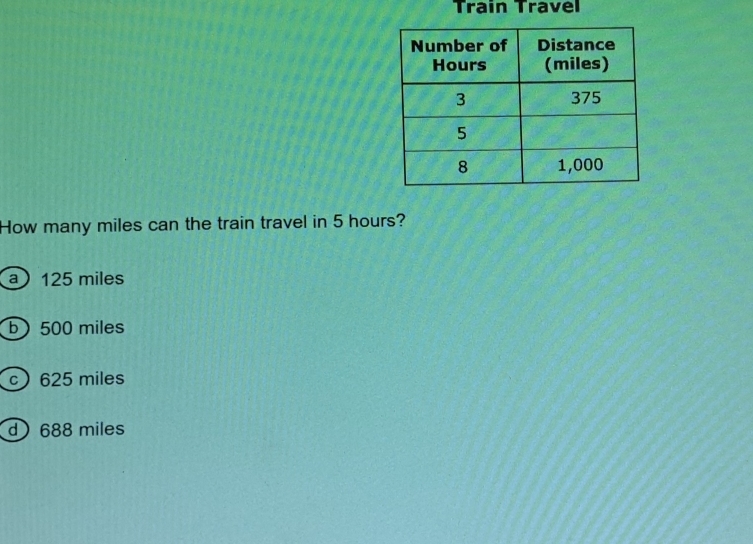 Train Travel
How many miles can the train travel in 5 hours?
a 125 miles
b ) 500 miles
c 625 miles
d 688 miles