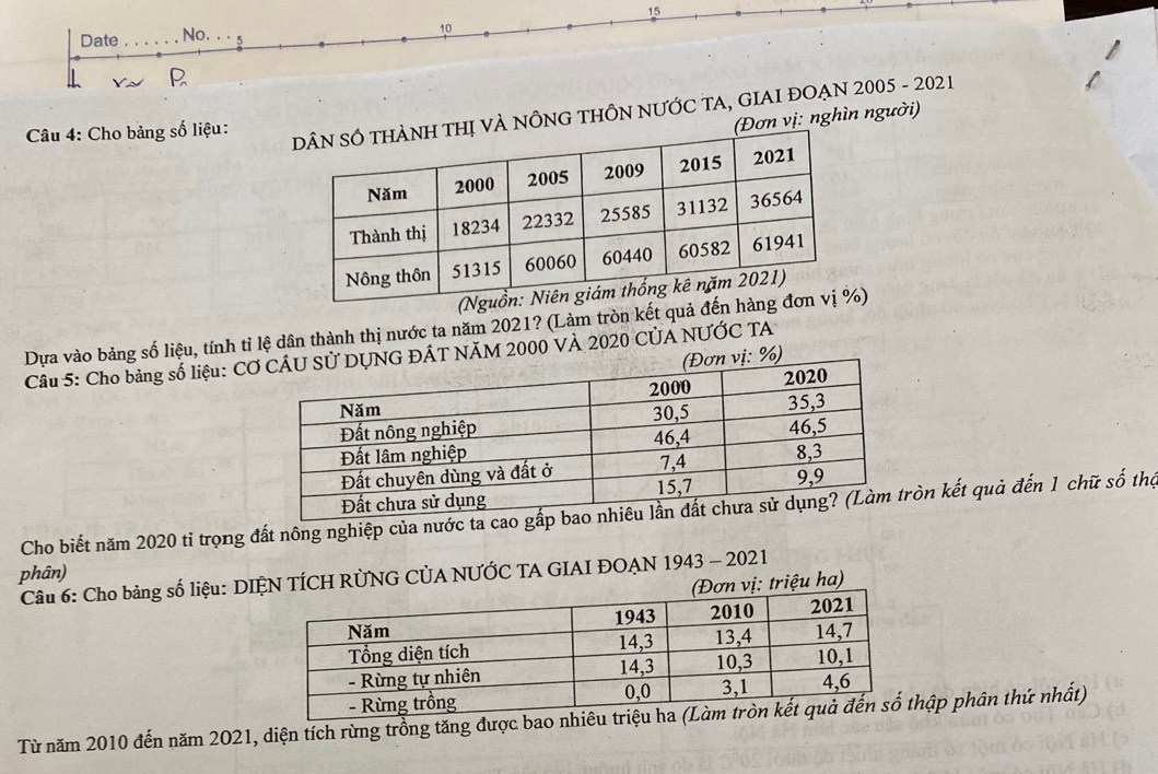 Date _No. 5 10 
P 
Câu 4: Cho bảng số liệu: 
NÔNG THÔN NƯỚC TA, GIAI ĐOẠN 2005 - 2021 
vị: nghìn người) 
Dựa vào bảng số liệu, tính tỉ lệ dân thành thị nước ta năm 2021? (Làm tròn kết quả đế) 
Câu 5: Cho bảng số liệu: CƠ2000 VÀ 2020 CỦÁ NƯỚC TA 
Cho biết năm 2020 tỉ trọng đất nông nghiệp của nước taòn kết quả đến 1 chữ số thị 
phân) Câu 6: Cho bảng số liệu: DIH RÜNG CÚA NƯỚC TA GIAI ĐOAN 1943 - 2021 
u ha) 
Từ năm 2010 đến năm 2021, diện tích rừng trồng tăng được bao nhihập phân thứ nhất)