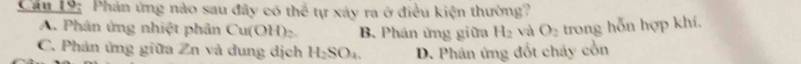 Cán 19: Phản ứng nào sau đây có thể tự xảy ra ở điều kiện thường?
A. Phân ứng nhiệt phân Cu(OH)₂. B. Phân ứng giữa H_2 và O_2 trong hỗn hợp khí.
C. Phản ứng giữa Zn và dung dịch H_2SO_4. D. Phán ứng đốt cháy cổn