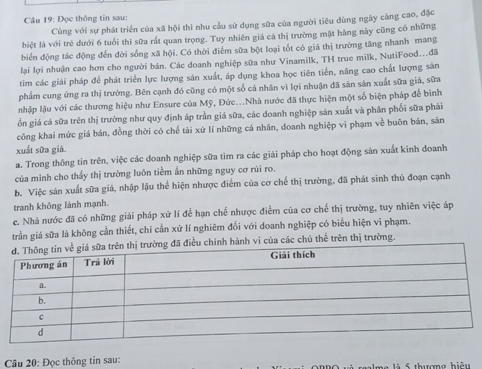 Đọc thông tin sau:
Cùng với sự phát triển của xã hội thì nhu cầu sử dụng sữa của người tiêu dùng ngày càng cao, đặc
biệt là với trẻ dưới 6 tuổi thì sữa rất quan trọng. Tuy nhiên giá cả thị trường mặt hàng này cũng có những
biển động tác động đến đời sống xã hội. Có thời điểm sữa bột loại tốt có giá thị trường tăng nhanh mang
lại lợi nhuận cao hơn cho người bán. Các doanh nghiệp sữa như Vinamilk, TH true milk, NutiFood...đã
tìm các giải pháp để phát triển lực lượng sản xuất, áp dụng khoa học tiên tiến, nâng cao chất lượng sản
phẩm cung ứng ra thị trường. Bên cạnh đó cũng có một số cá nhân vì lợi nhuận đã sản sản xuất sữa giả, sữa
nhập lậu với các thương hiệu như Ensure của Mỹ, Đức...Nhà nước đã thực hiện một số biện pháp đề bình
ồn giá cả sữa trên thị trường như quy định áp trần giá sữa, các doanh nghiệp sản xuất và phân phối sữa phải
công khai mức giá bán, đồng thời có chế tài xử lí những cá nhân, doanh nghiệp vi phạm về buôn bán, sản
xuất sữa giả.
a. Trong thông tin trên, việc các doanh nghiệp sữa tìm ra các giải pháp cho hoạt động sản xuất kinh doanh
của mình cho thấy thị trường luôn tiềm ẩn những nguy cơ rùi ro.
b. Việc sản xuất sữa giả, nhập lậu thể hiện nhược diểm của cơ chế thị trường, đã phát sinh thủ đoạn cạnh
tranh không lành mạnh.
c. Nhà nước đã có những giải pháp xử lí để hạn chế nhược điểm của cơ chế thị trường, tuy nhiên việc áp
trần giá sữa là không cần thiết, chi cần xử lí nghiêm đối với doanh nghiệp có biểu hiện vi phạm.
hành vi của các chủ thể trên thị trường.
* Câu 20: Đọc thông tin sau:
lme là 5 thượng hiệu