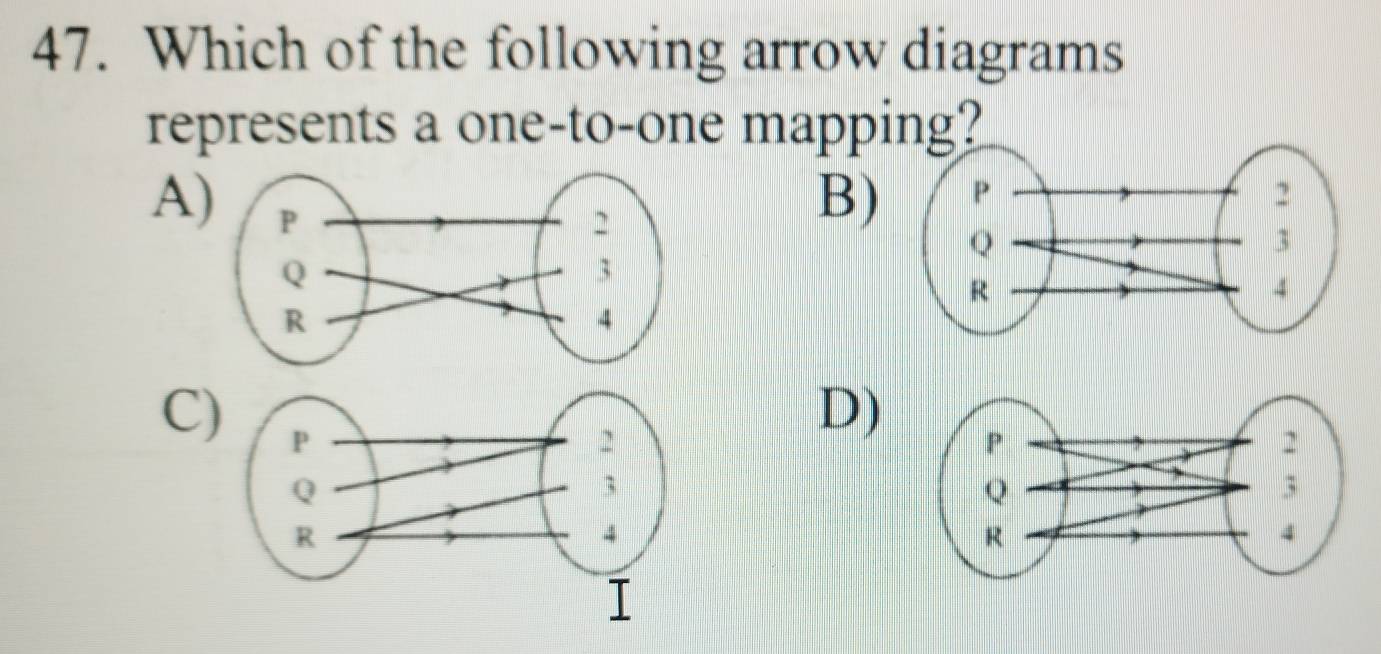 Which of the following arrow diagrams 
represents a one-to-one mapping? 
A 
B) 
C) 
D)