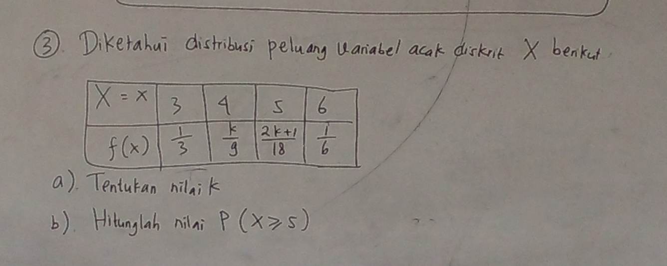 ③ Diketahui distribusi peluany uaniabel acak disknit X benkut
a) Tenturan nilai k
(). Hitanglah nilni P(x≥slant 5)