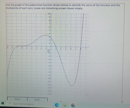 Use the graph of the polynomial function shown below to identify the zeros of the function and the 
multiplicity of each zero. Leave any remaining answer boxes empty. 
Zeros Mult. 
Type here to search